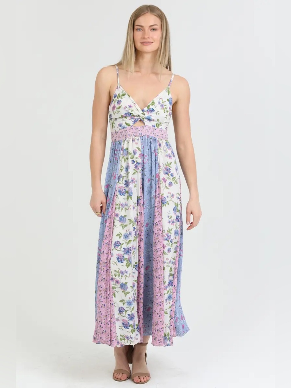 Angie pink and purple floral patchwork dress
